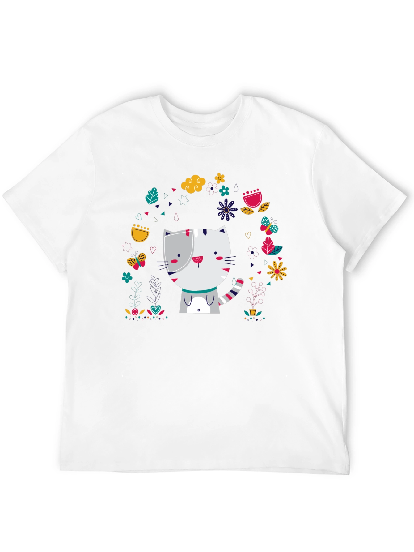 Cute Cat Floral Design Black T-Shirt