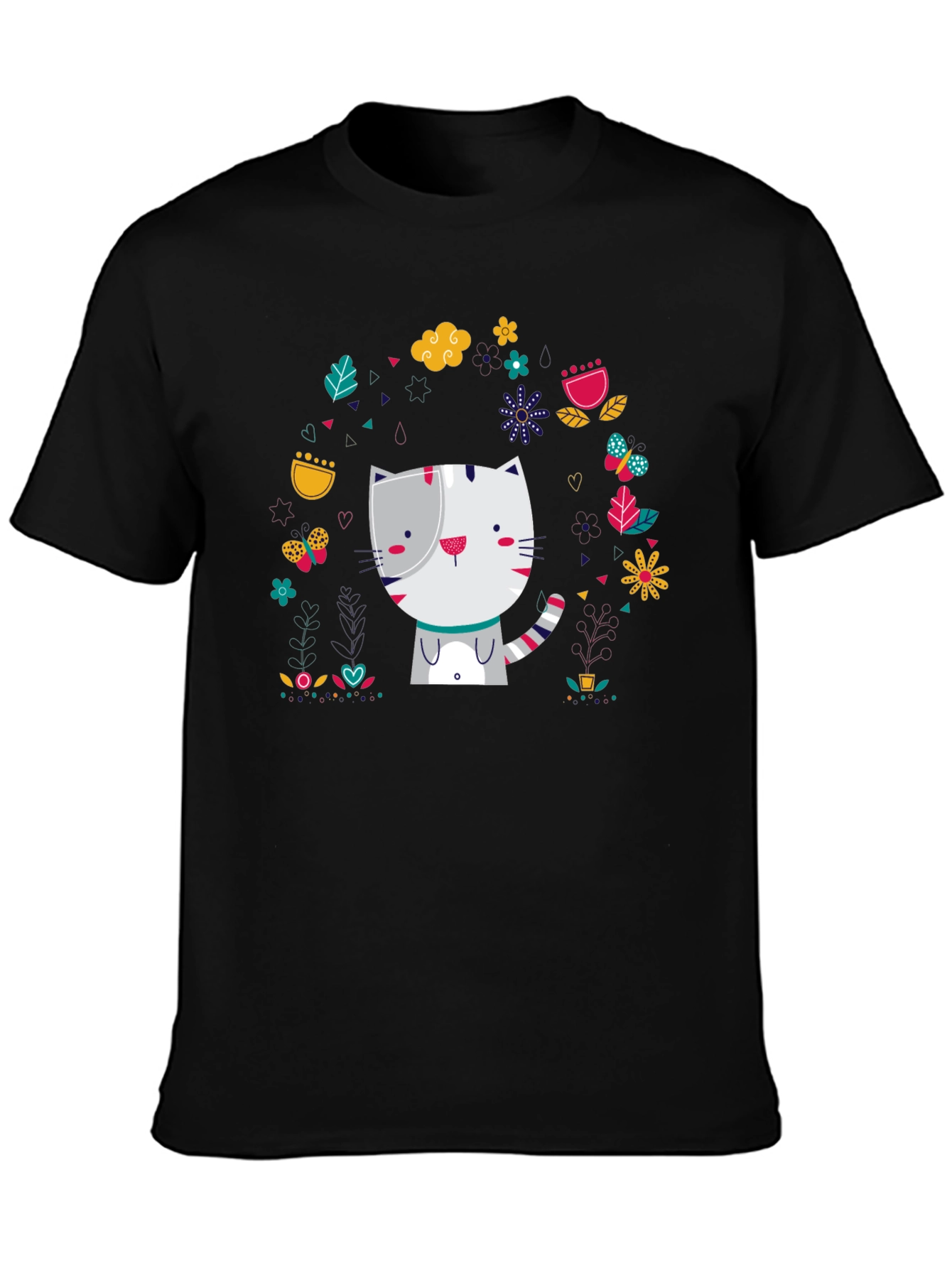 Cute Cat Floral Design Black T-Shirt