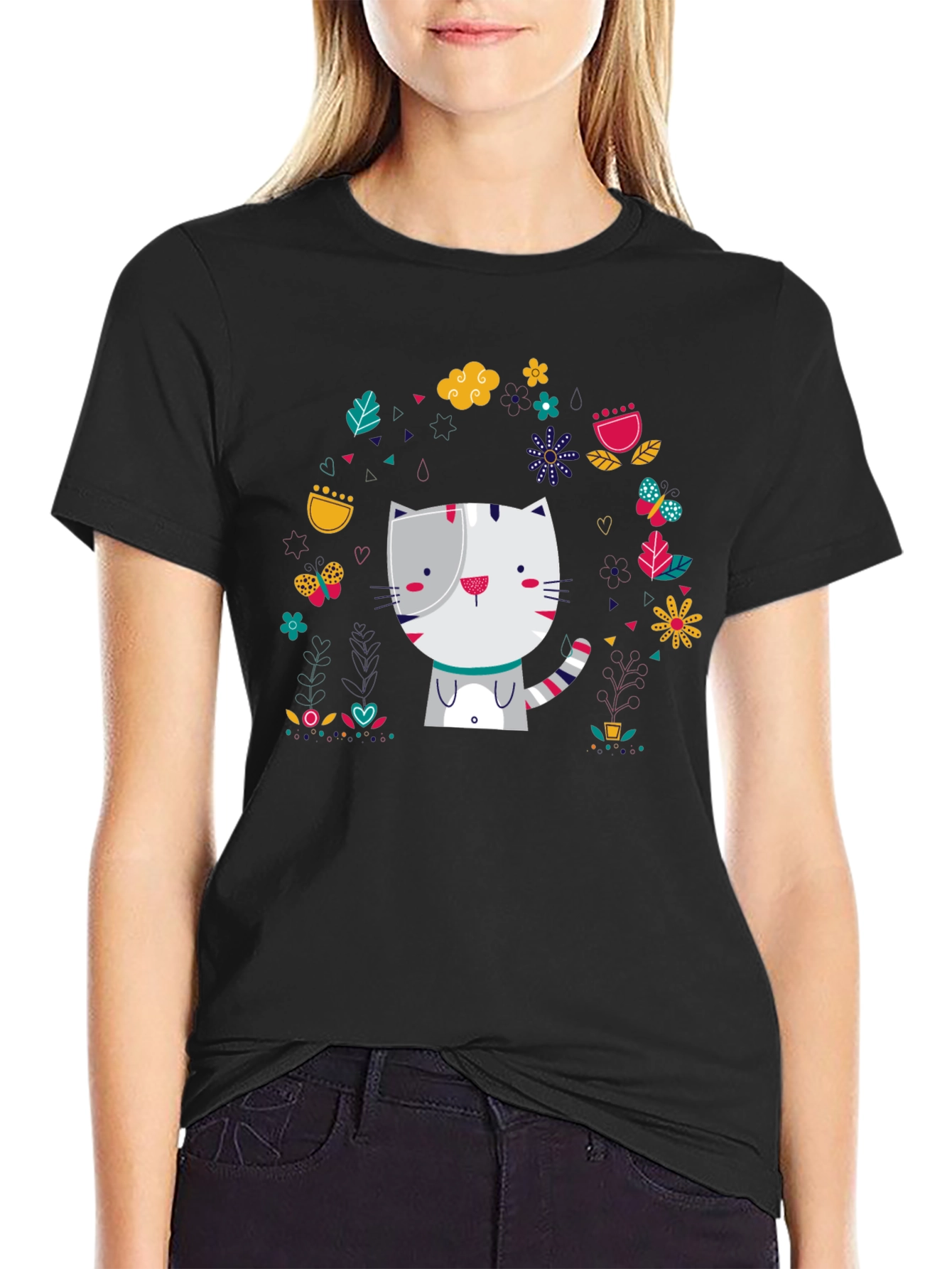 Cute Cat Floral Design Black T-Shirt