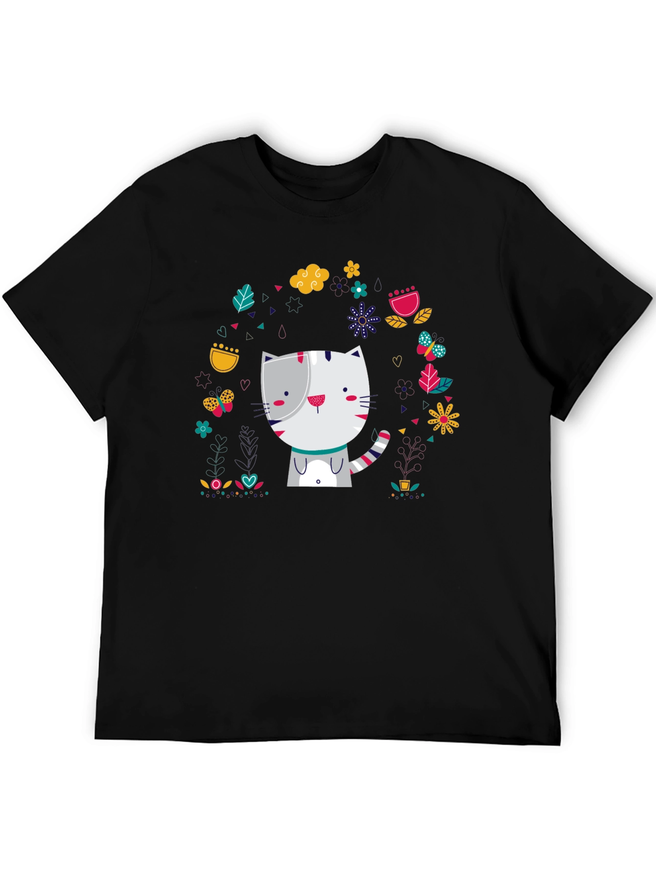 Cute Cat Floral Design Black T-Shirt