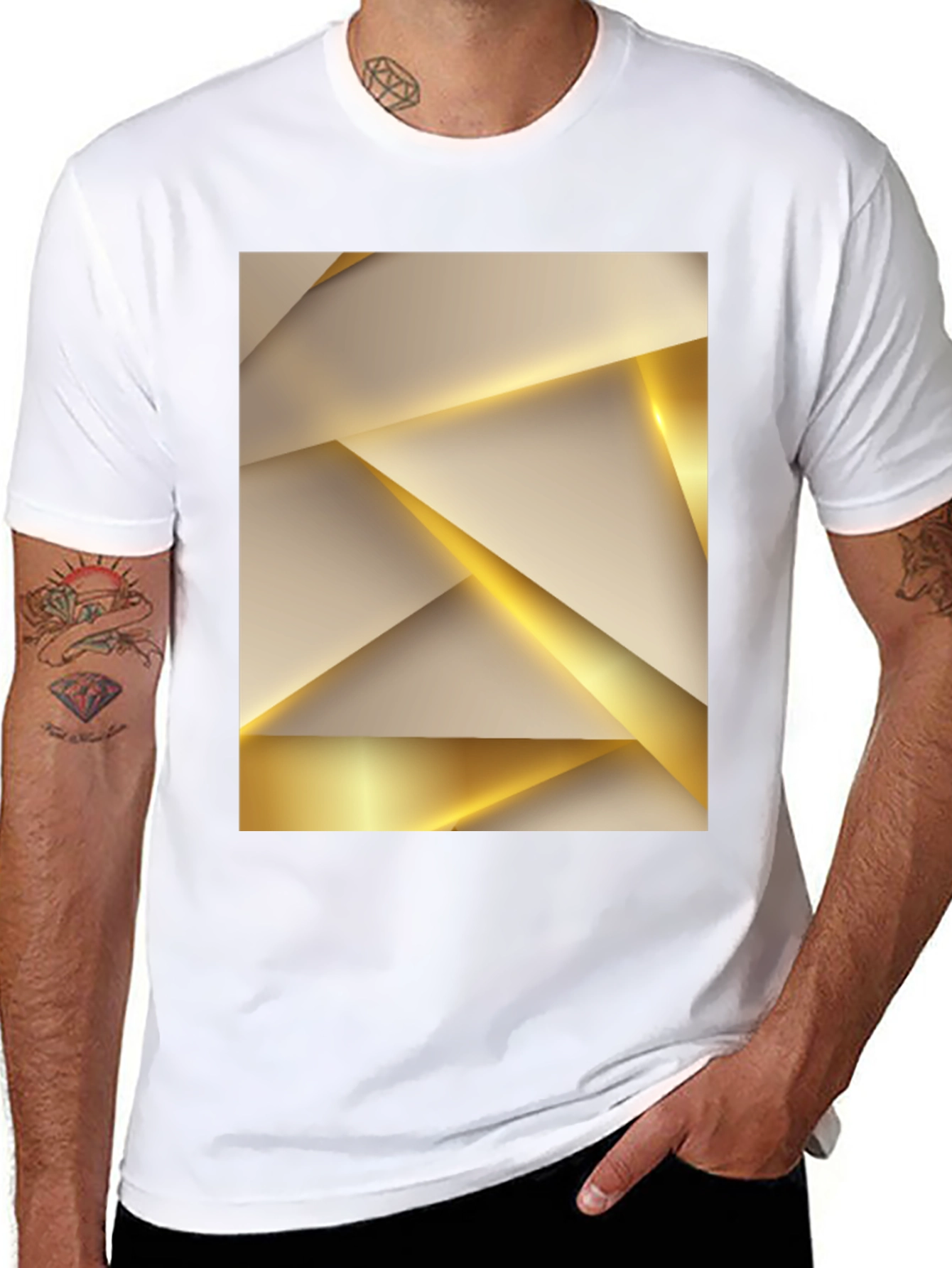 Geometric Gold & Beige Print Black Tee