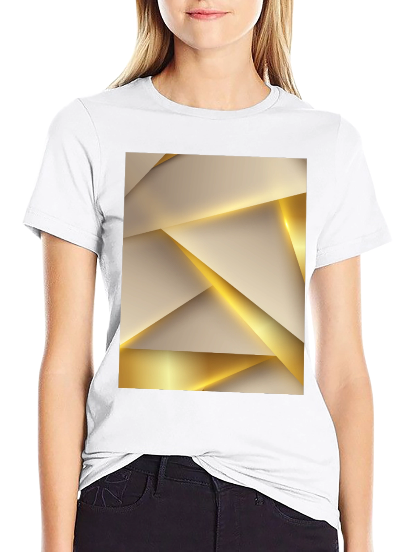 Geometric Gold & Beige Print Black Tee