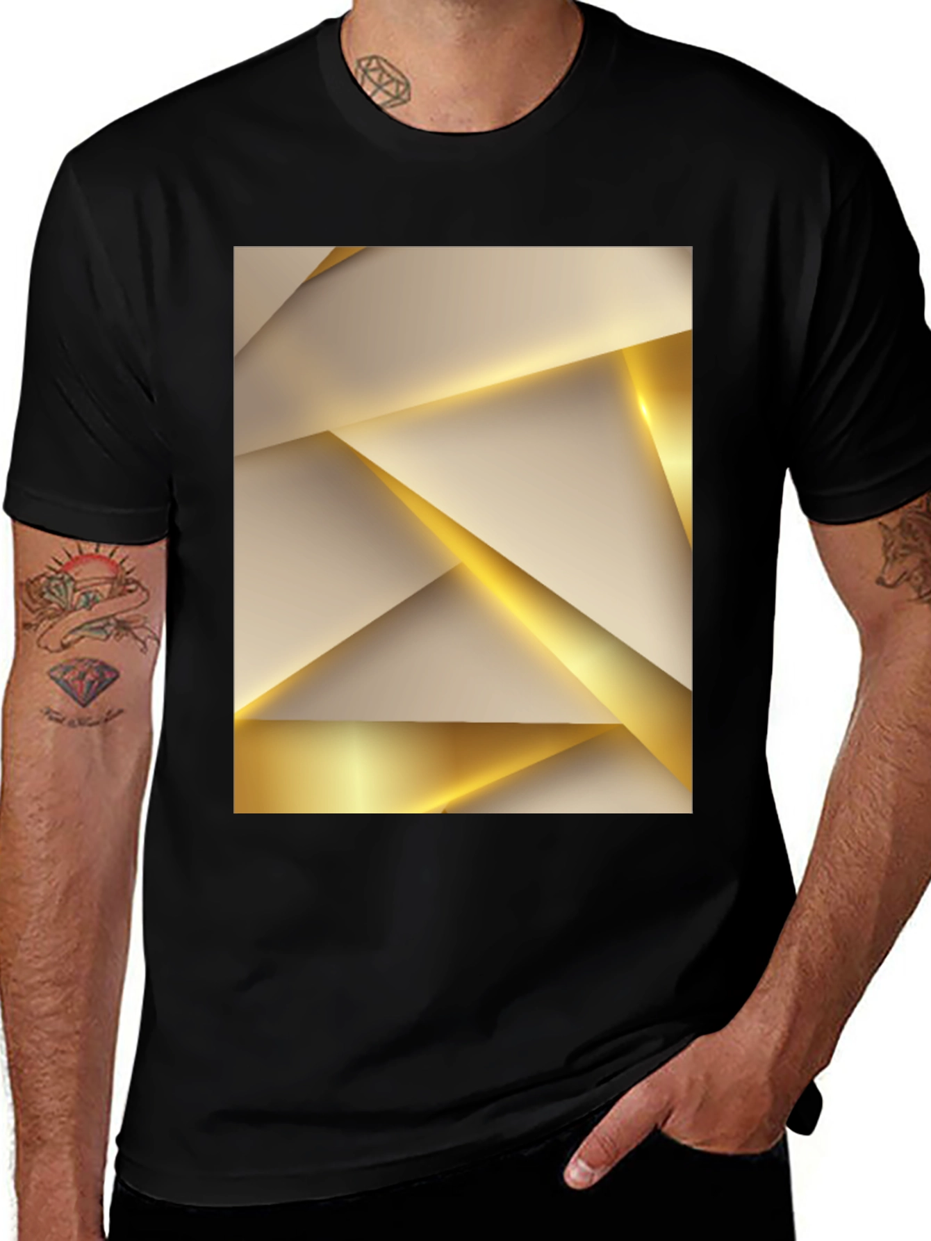 Geometric Gold & Beige Print Black Tee