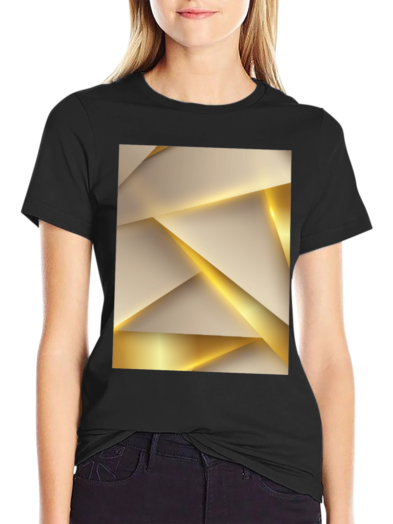 Geometric Gold & Beige Print Black Tee