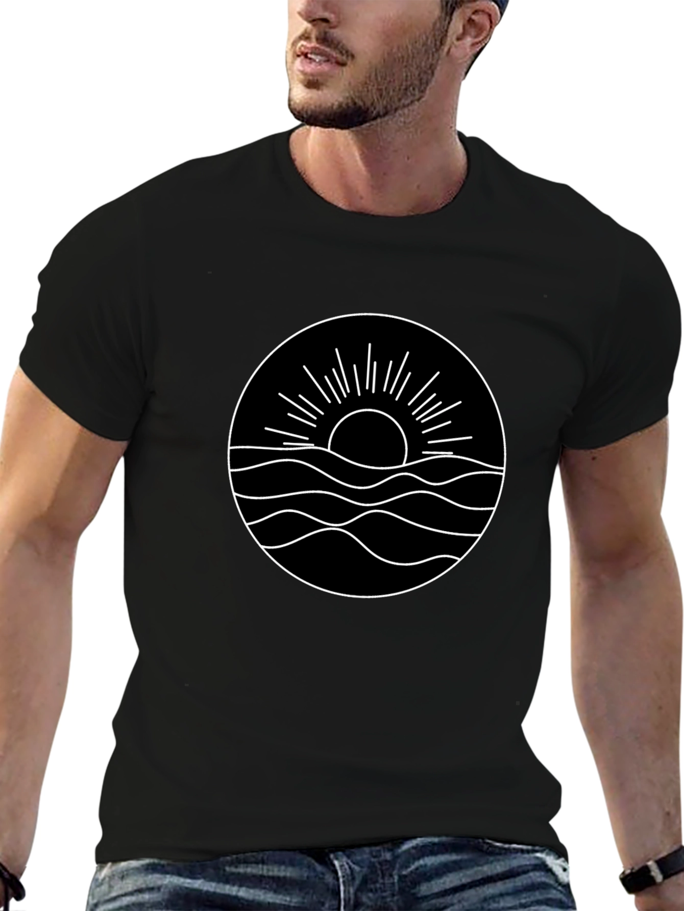 Minimalist Sun & Wave Graphic Black T-Shirt