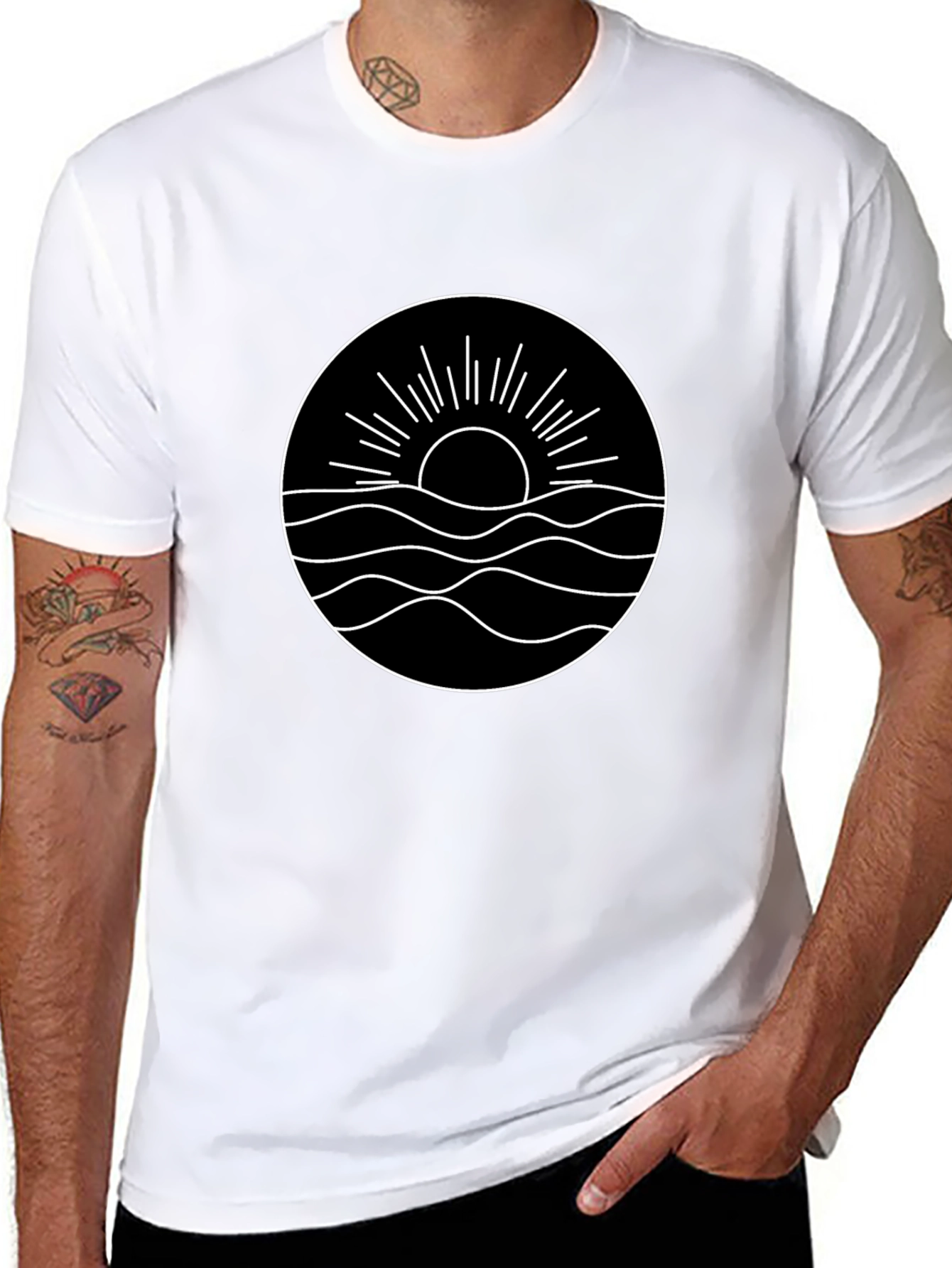 Minimalist Sun & Wave Graphic Black T-Shirt