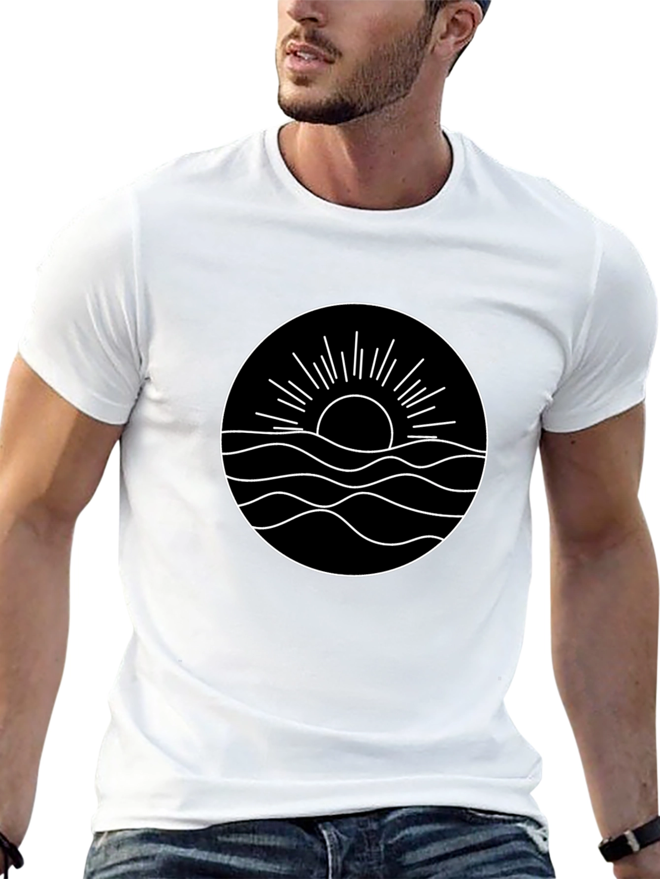 Minimalist Sun & Wave Graphic Black T-Shirt