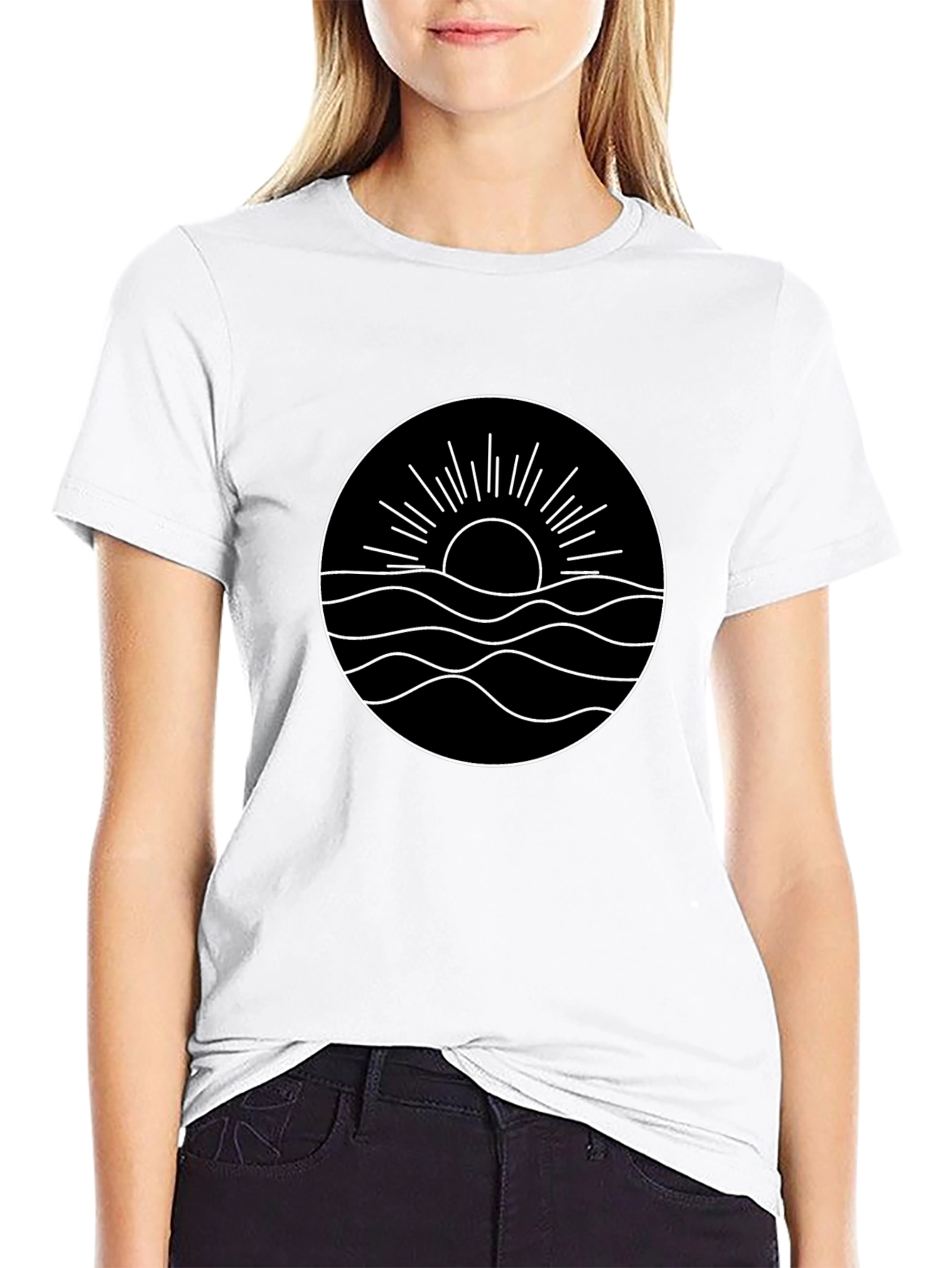 Minimalist Sun & Wave Graphic Black T-Shirt