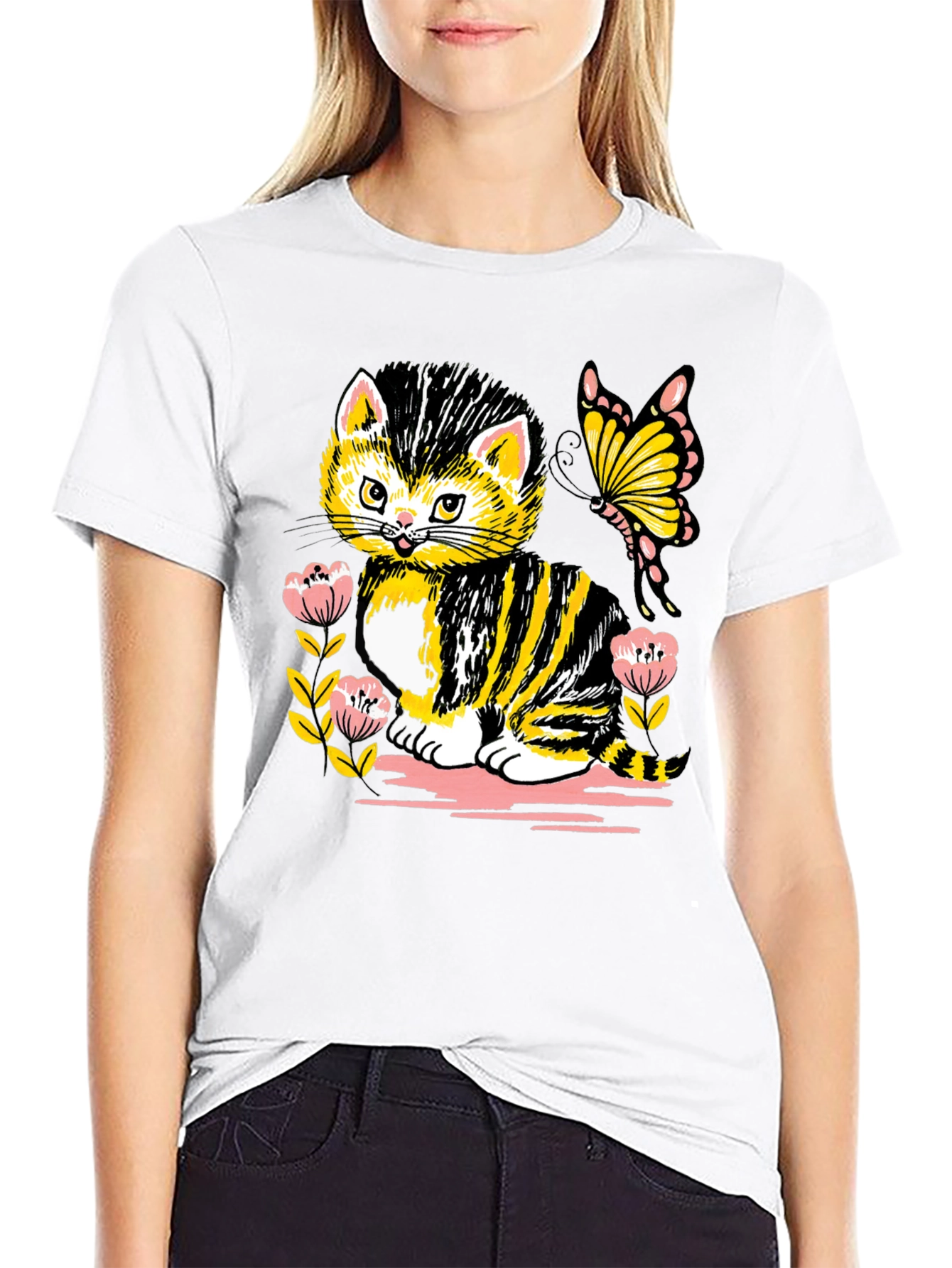 Cute Kitten & Butterfly Graphic T-Shirt