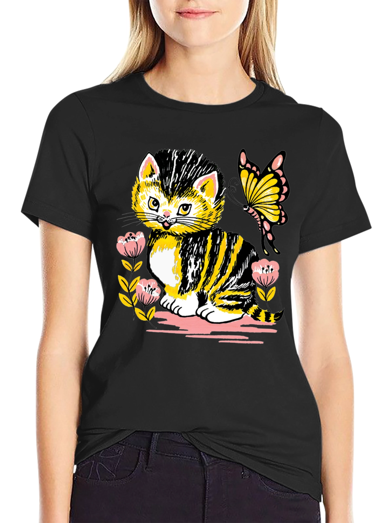 Cute Kitten & Butterfly Graphic T-Shirt
