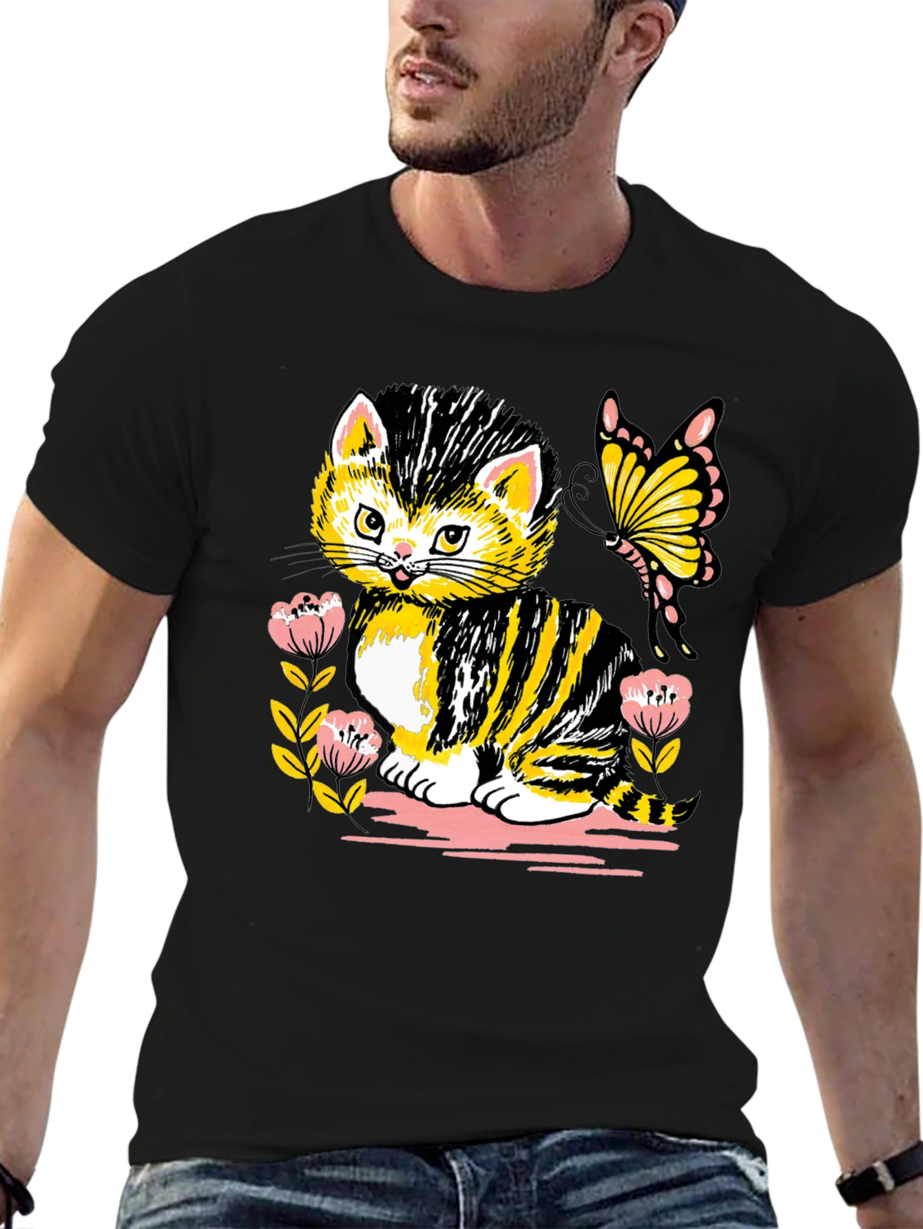 Cute Kitten & Butterfly Graphic T-Shirt