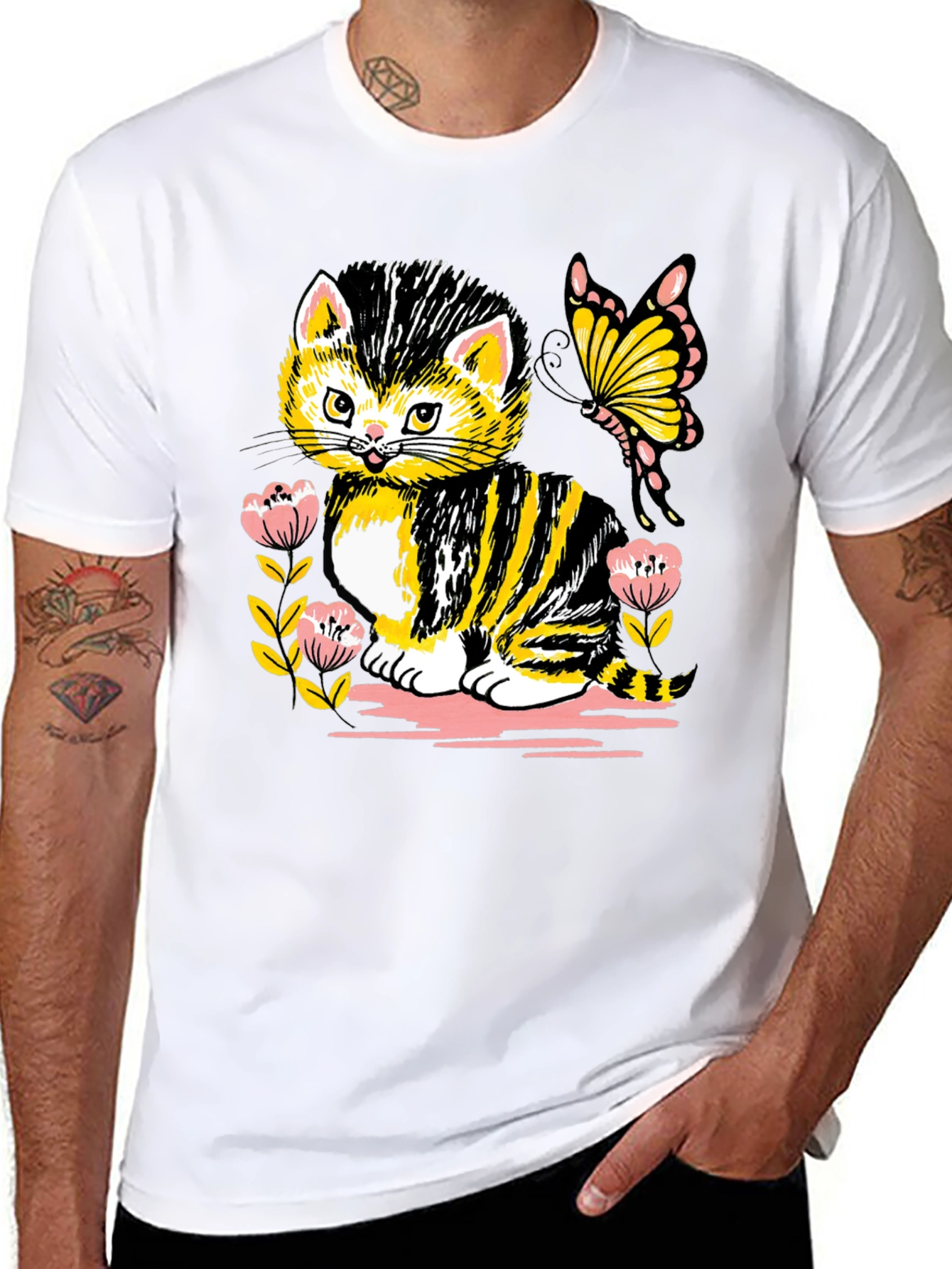 Cute Kitten & Butterfly Graphic T-Shirt