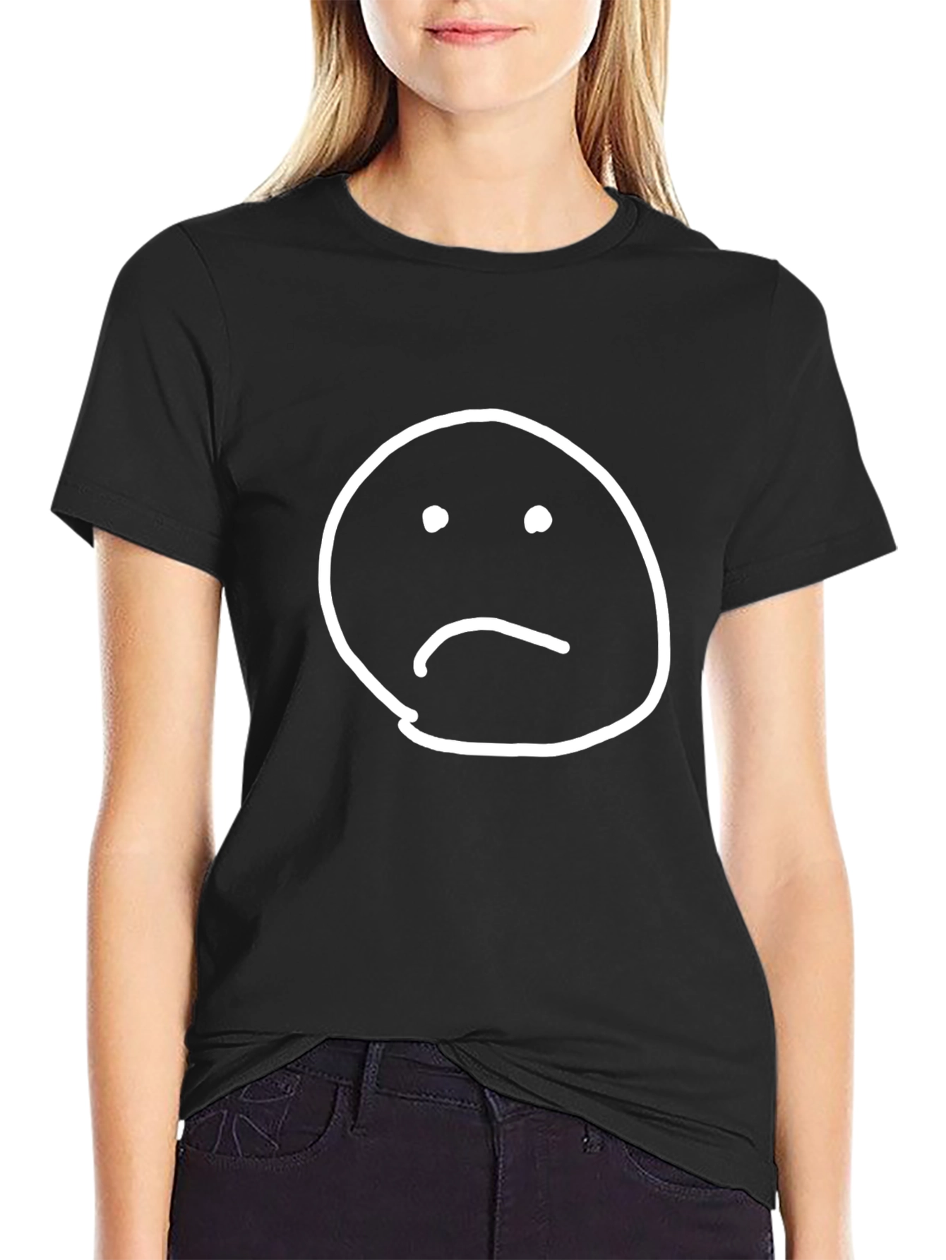 Sad Face Graphic Tee - Black Cotton T-Shirt