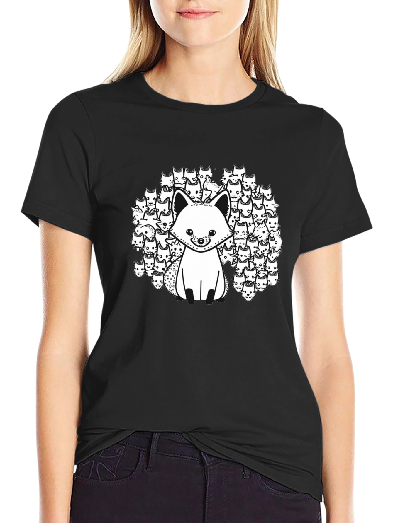 Black T-Shirt with Fox and Fox Face Design