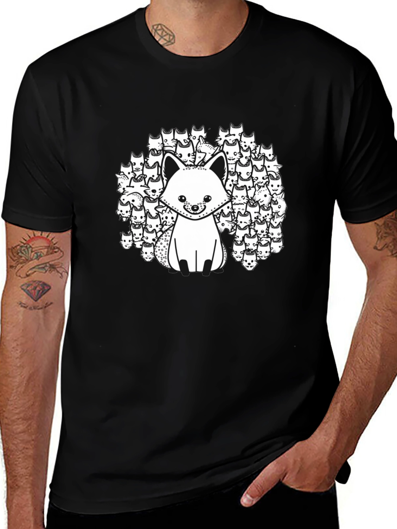 Black T-Shirt with Fox and Fox Face Design