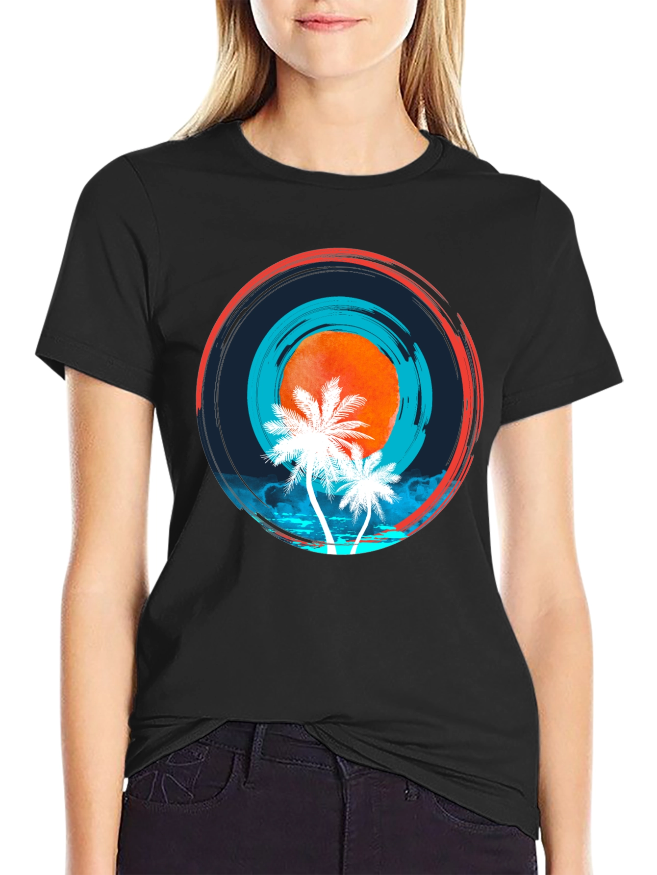 Sunset Palm Tree Graphic Black Tee
