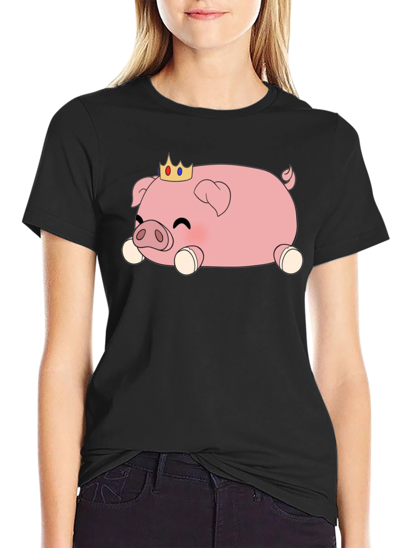 Cute Pig Crown T-Shirt - Black