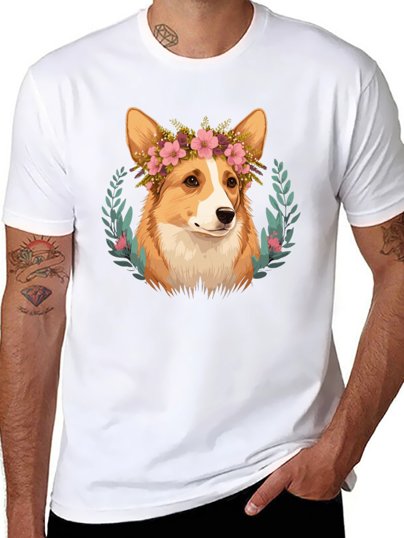 Corgi Flower Crown Black T-Shirt