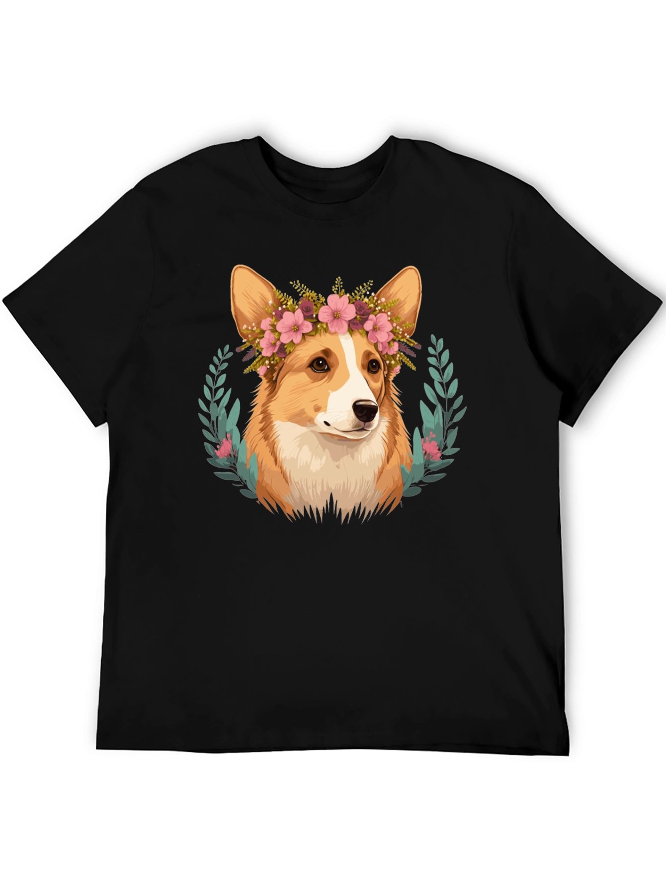 Corgi Flower Crown Black T-Shirt