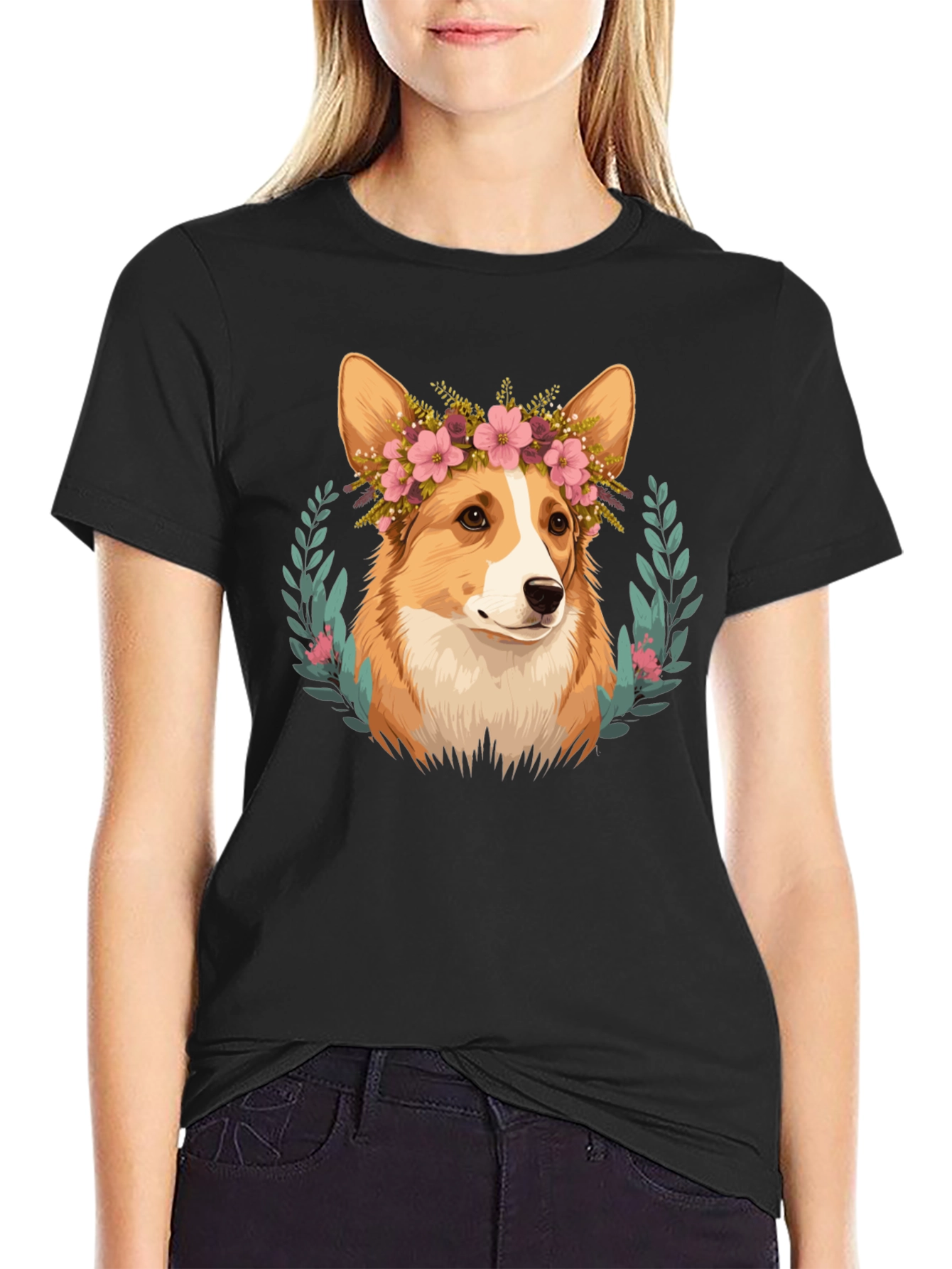Corgi Flower Crown Black T-Shirt