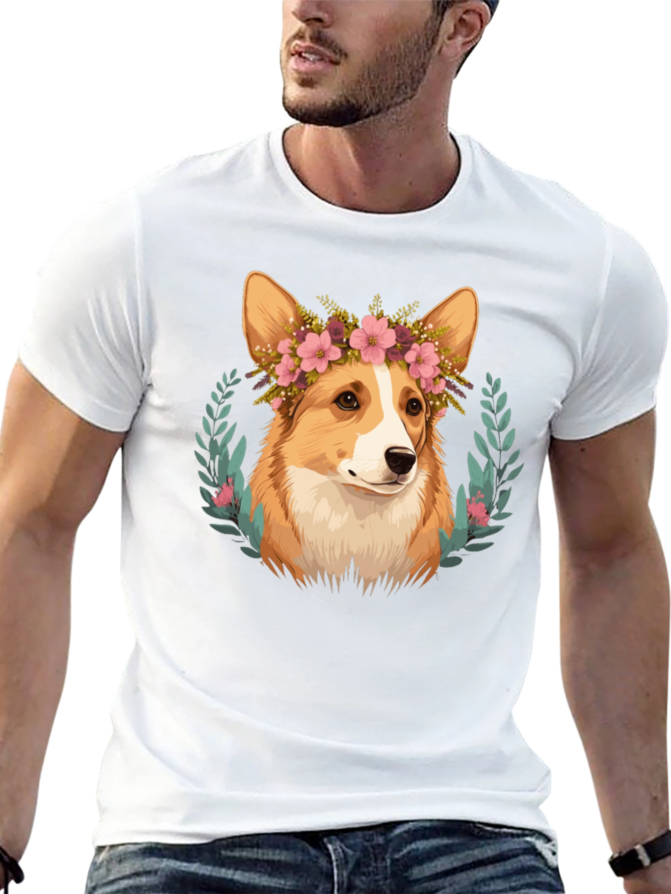 Corgi Flower Crown Black T-Shirt