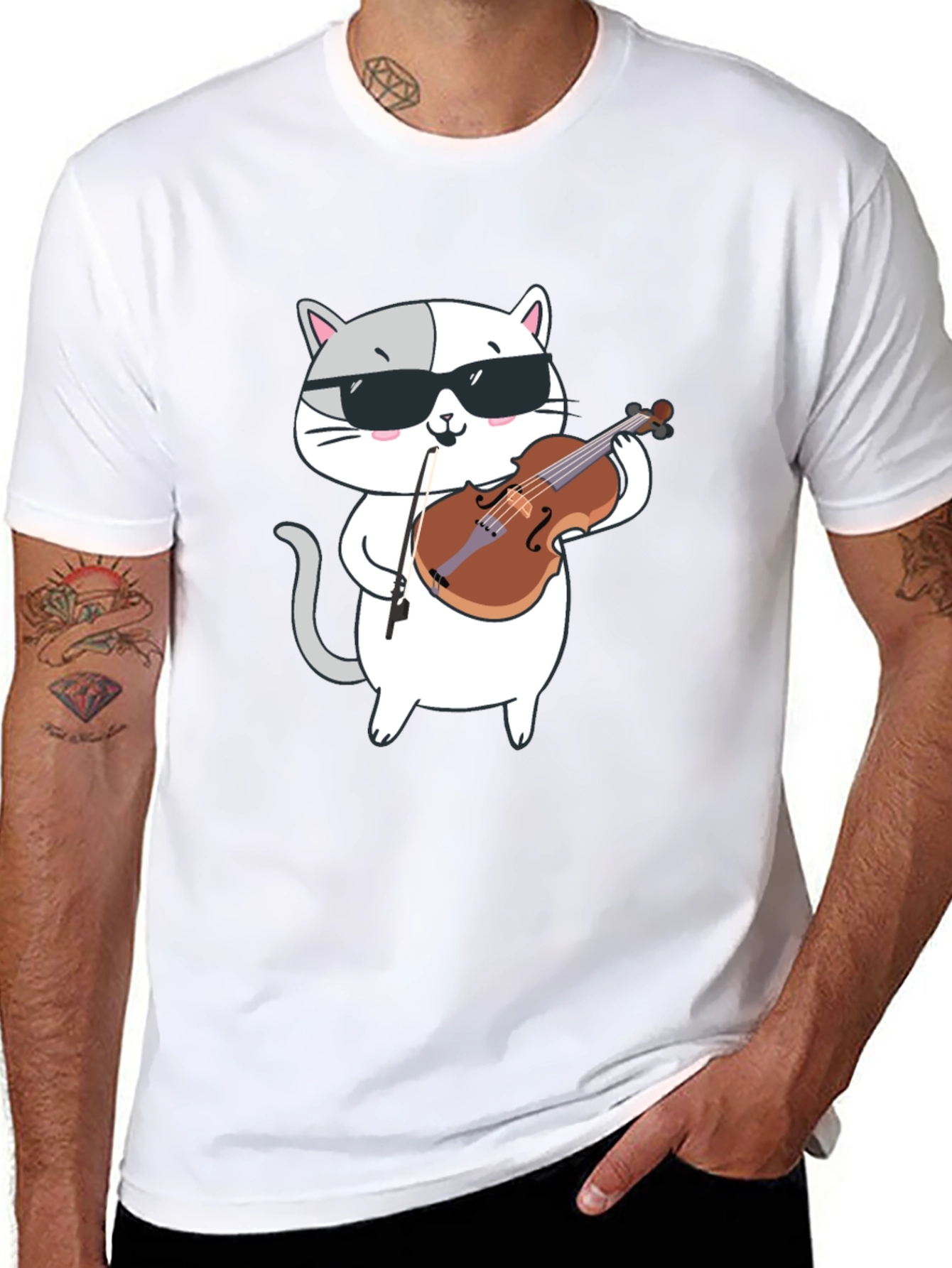 Cool Cat Violinist Graphic Tee - Black