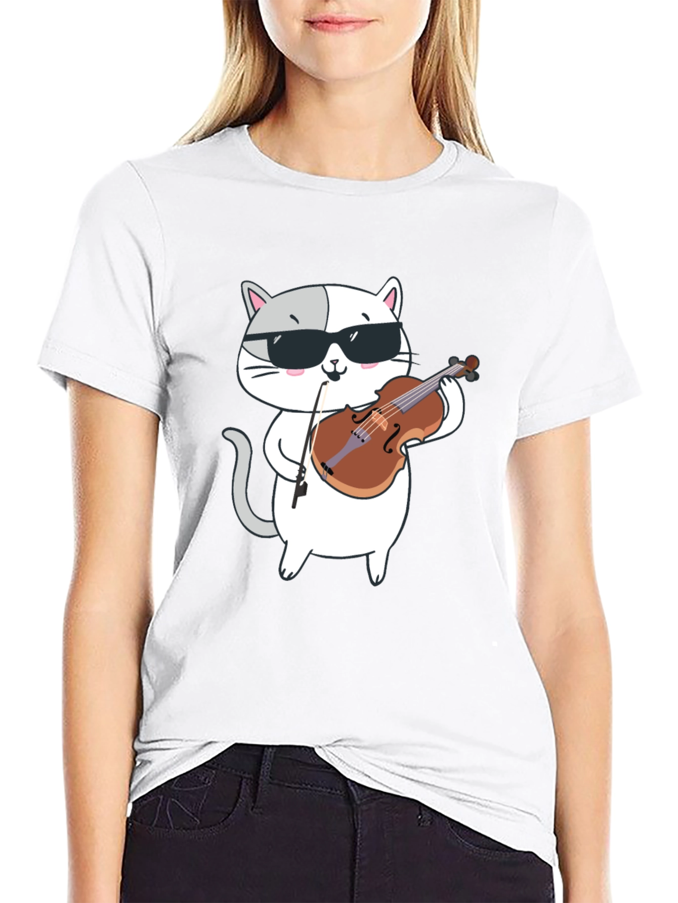 Cool Cat Violinist Graphic Tee - Black