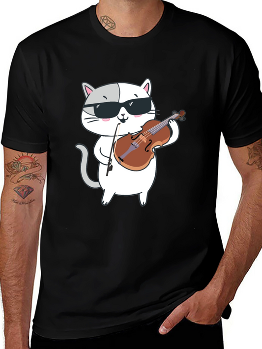 Cool Cat Violinist Graphic Tee - Black