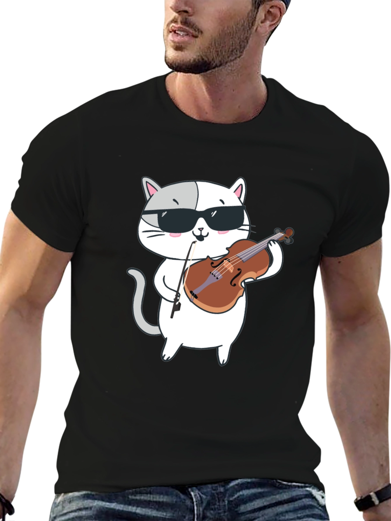Cool Cat Violinist Graphic Tee - Black