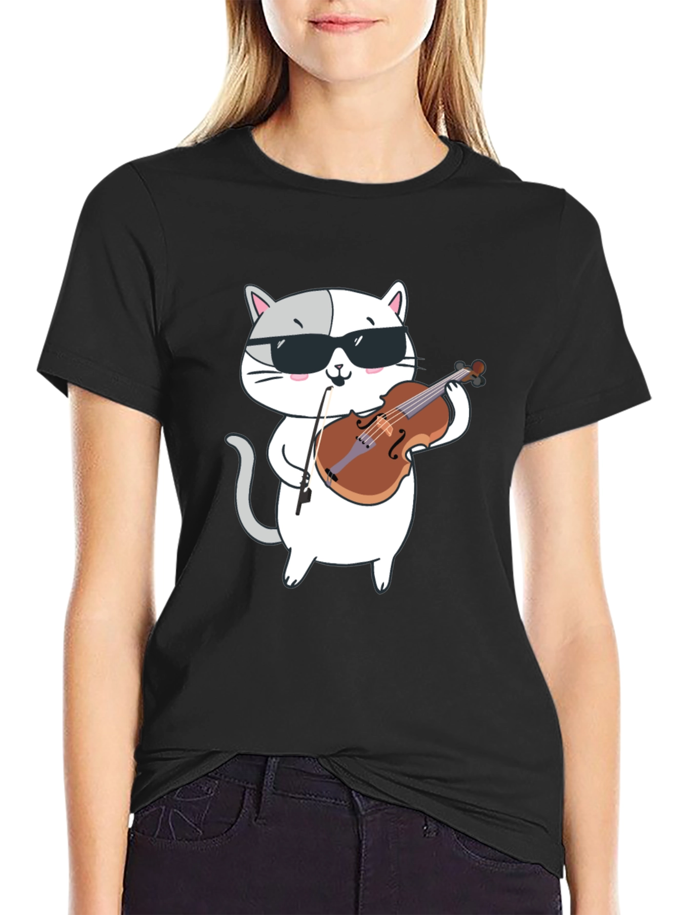 Cool Cat Violinist Graphic Tee - Black