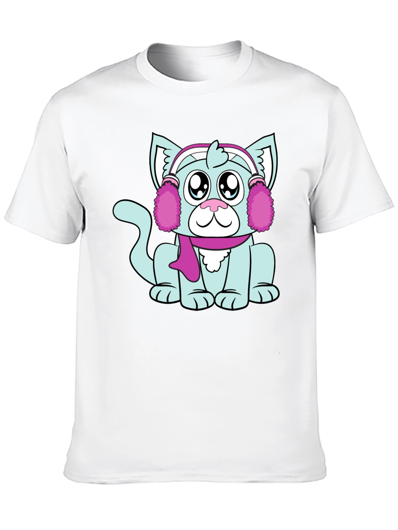Cartoon Cat with Earmuffs Graphic T-Shirt