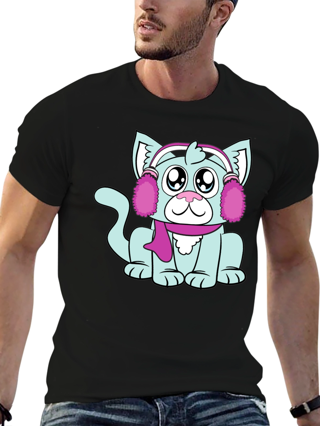 Cartoon Cat with Earmuffs Graphic T-Shirt