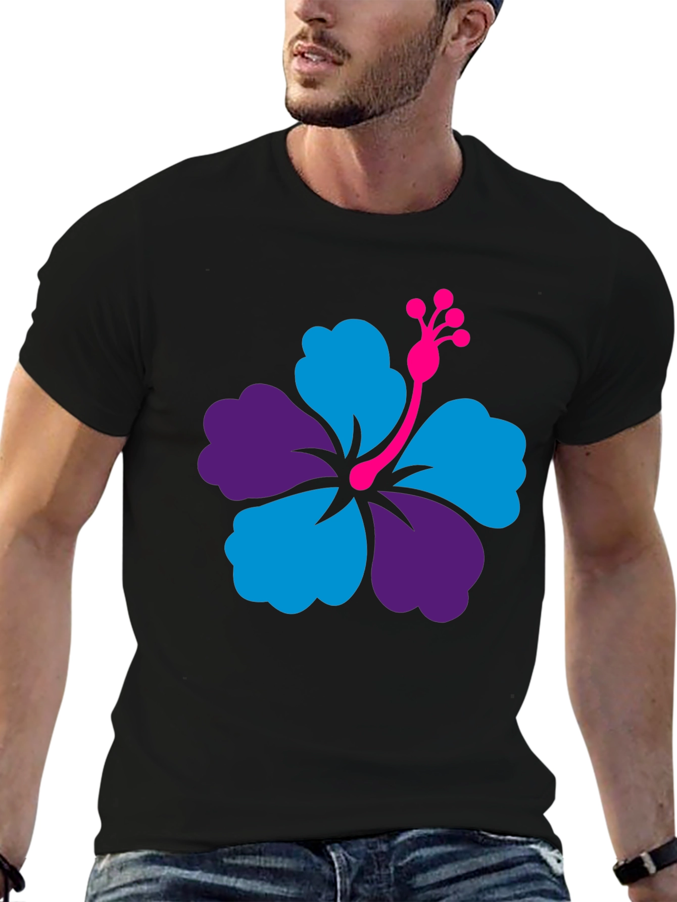 Hibiscus Flower Graphic Tee - Casual Black T-Shirt