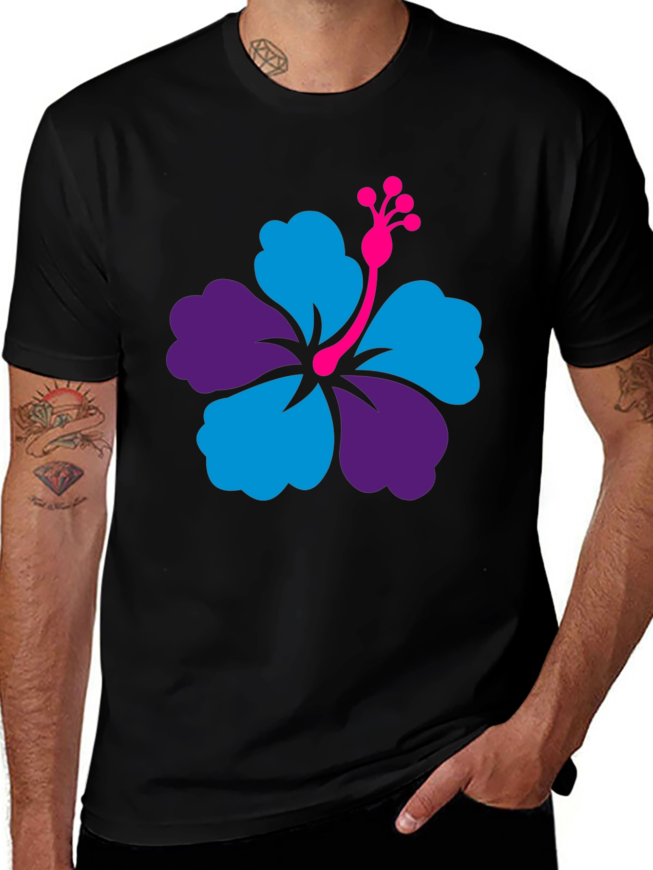 Hibiscus Flower Graphic Tee - Casual Black T-Shirt