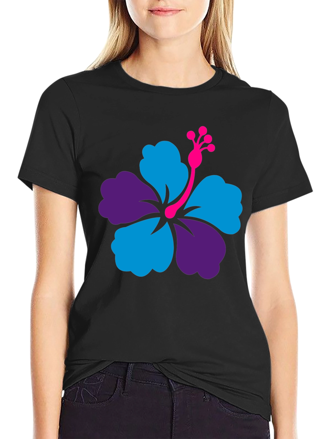 Hibiscus Flower Graphic Tee - Casual Black T-Shirt