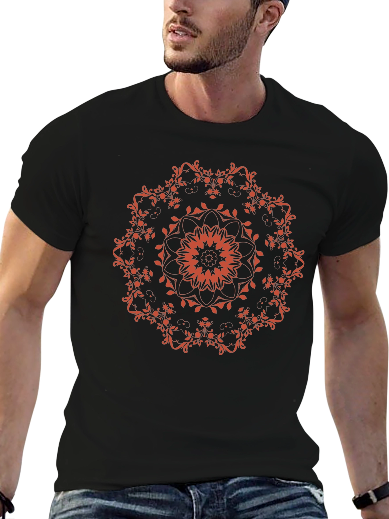 Black T-Shirt with Floral Mandala Design