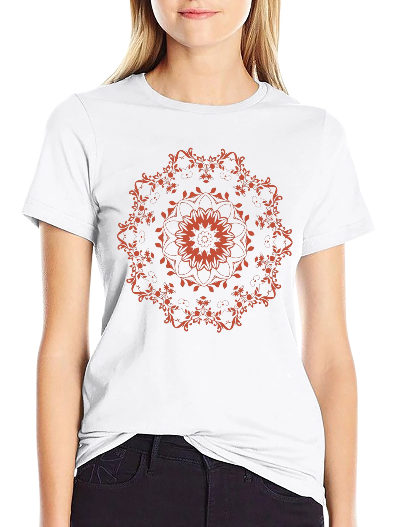 Black T-Shirt with Floral Mandala Design