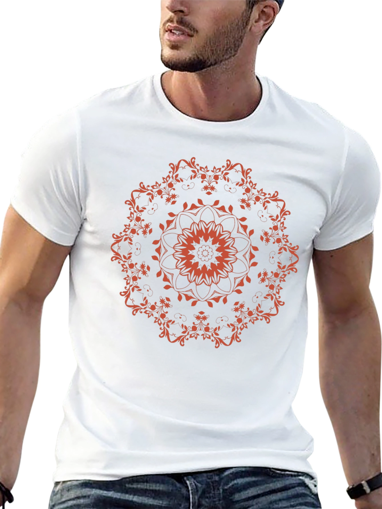 Black T-Shirt with Floral Mandala Design