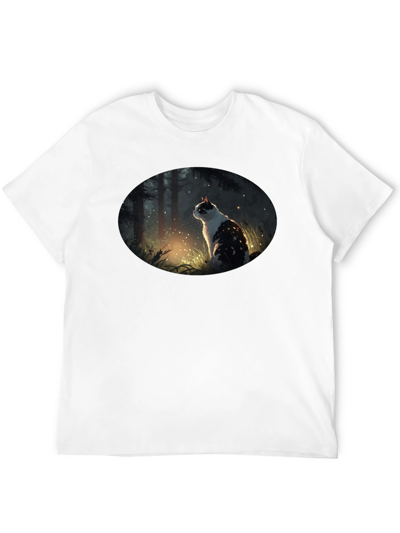 Mystical Cat in Forest Graphic T-Shirt - Black