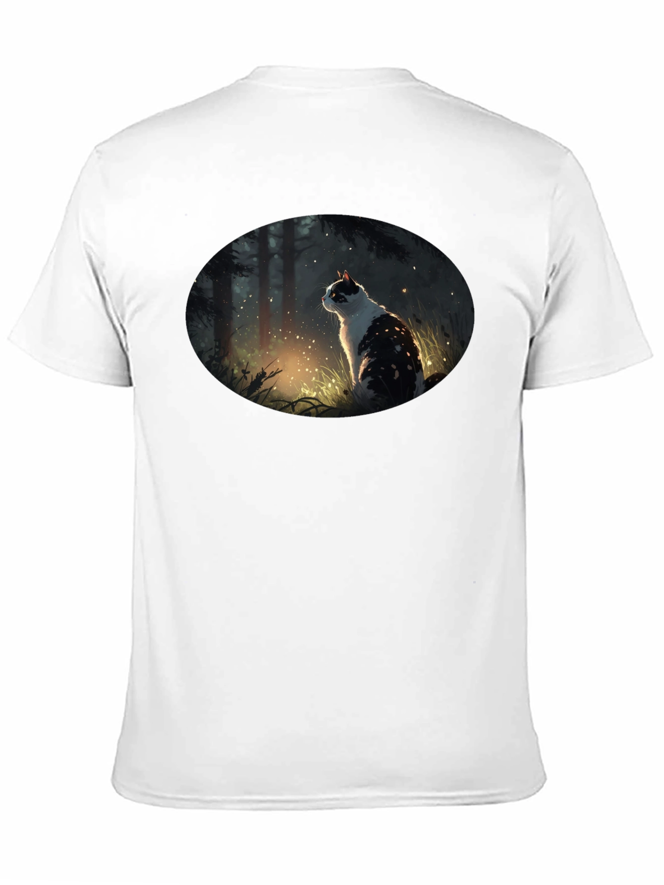 Mystical Cat in Forest Graphic T-Shirt - Black
