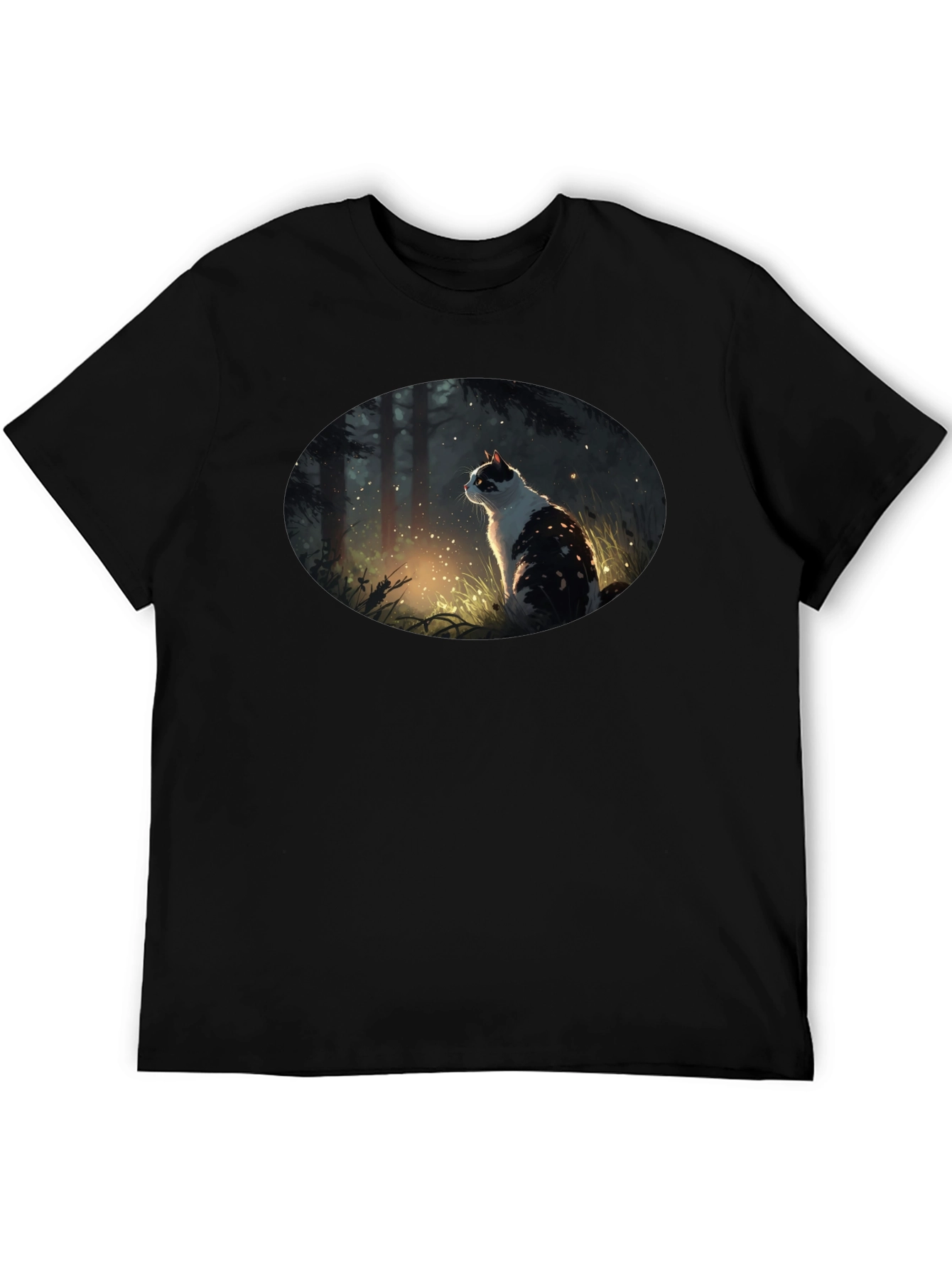 Mystical Cat in Forest Graphic T-Shirt - Black