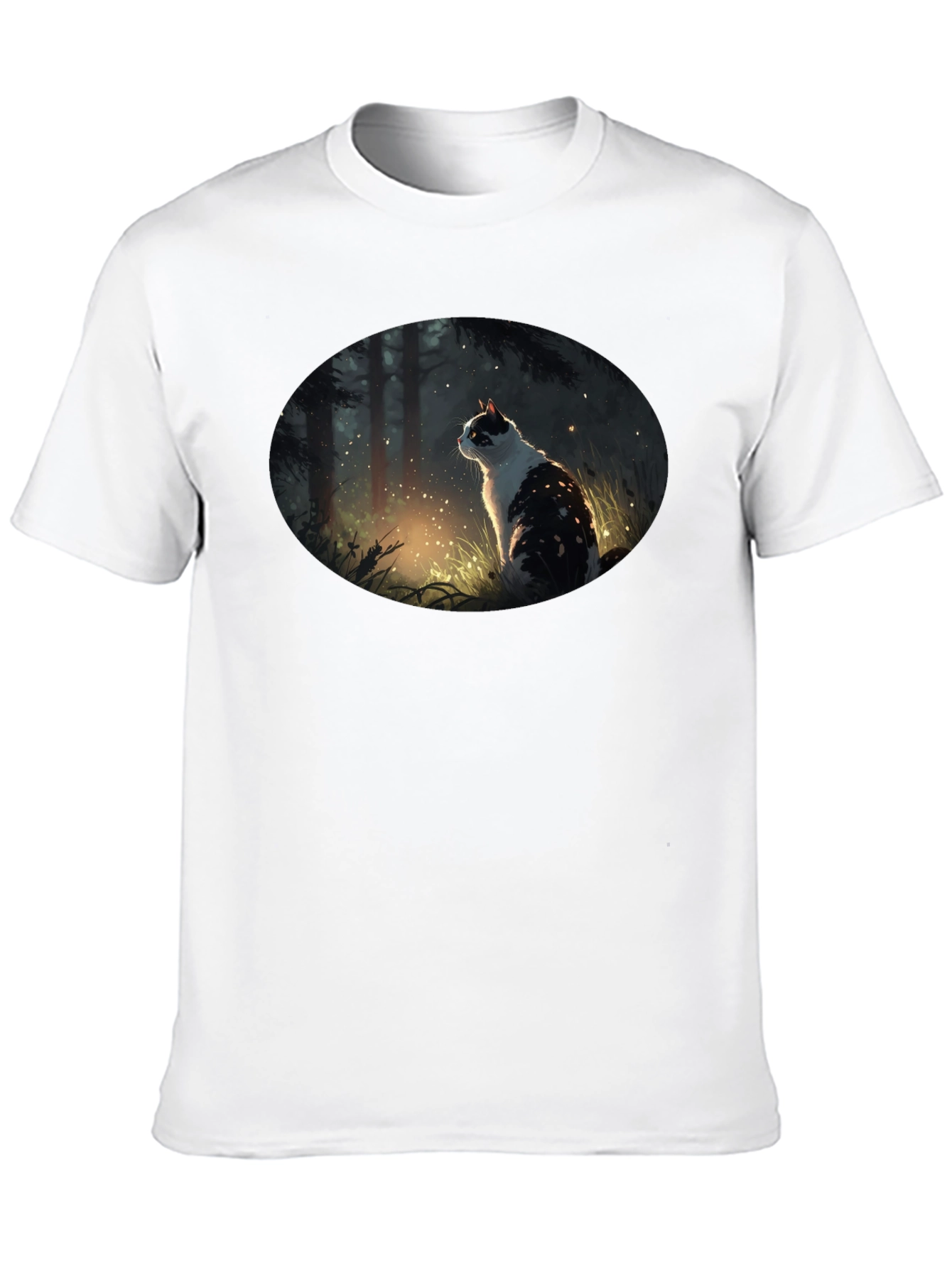 Mystical Cat in Forest Graphic T-Shirt - Black