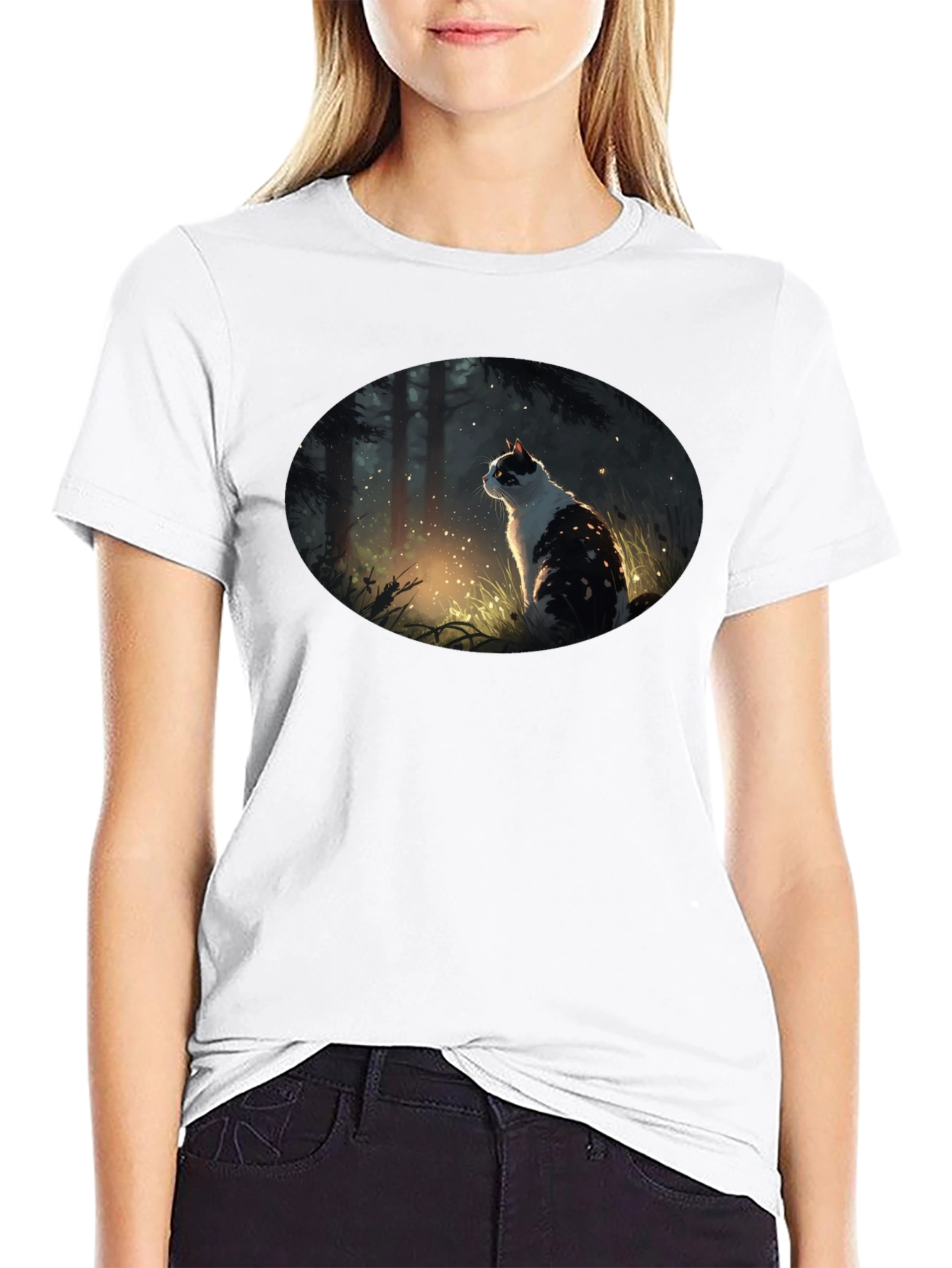 Mystical Cat in Forest Graphic T-Shirt - Black
