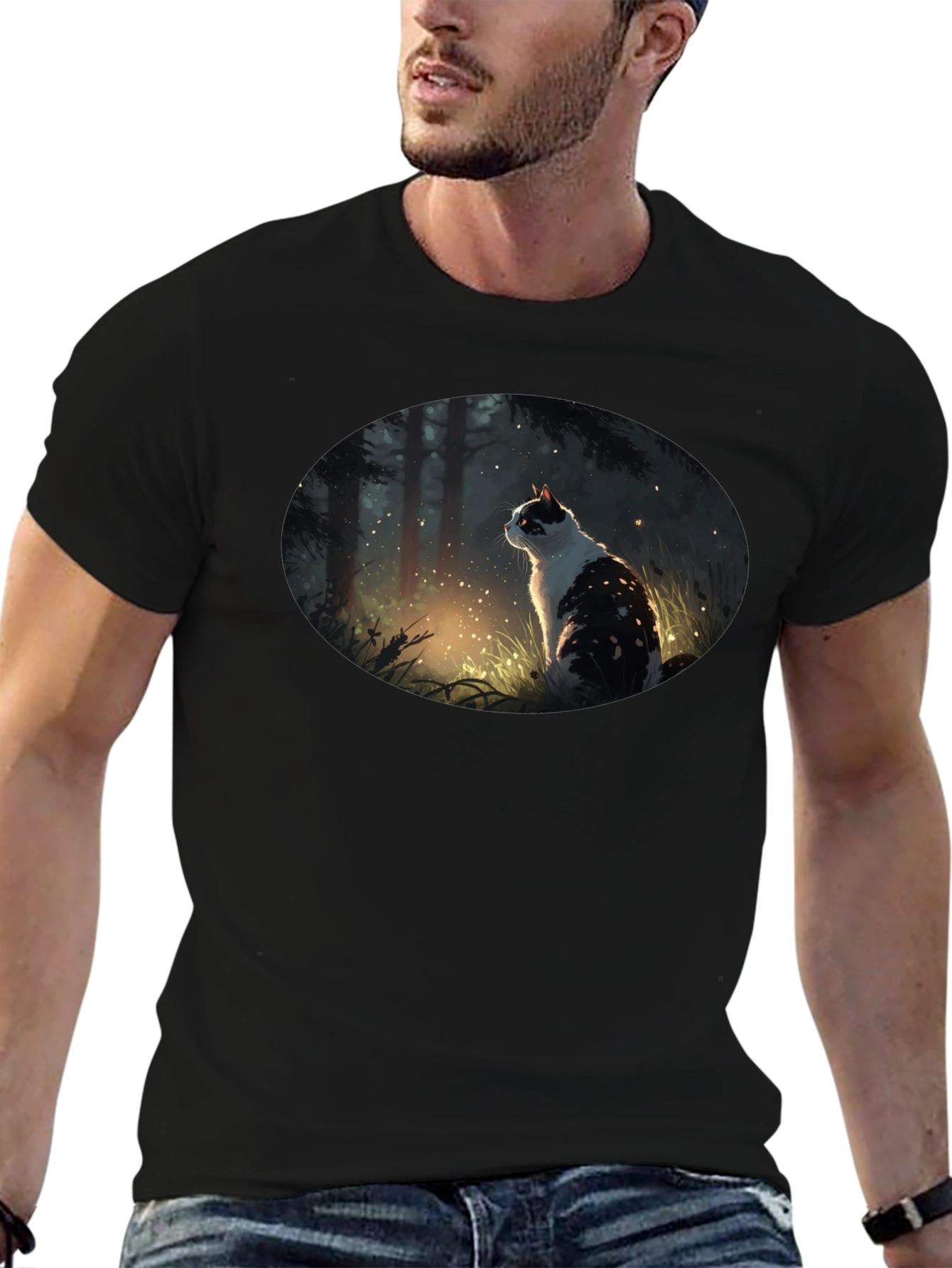 Mystical Cat in Forest Graphic T-Shirt - Black
