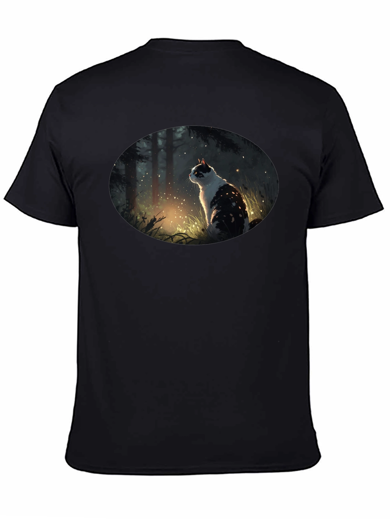 Mystical Cat in Forest Graphic T-Shirt - Black