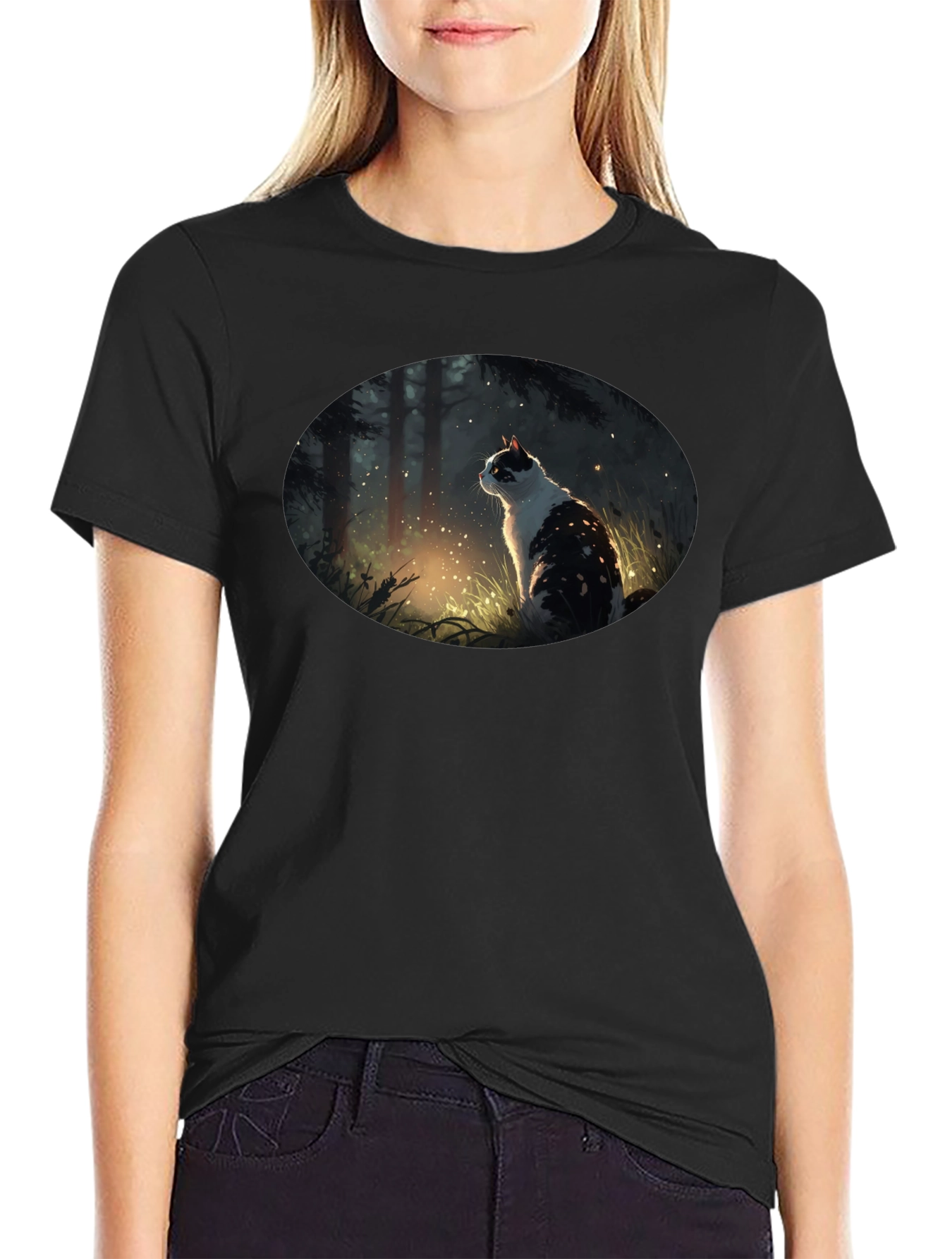 Mystical Cat in Forest Graphic T-Shirt - Black