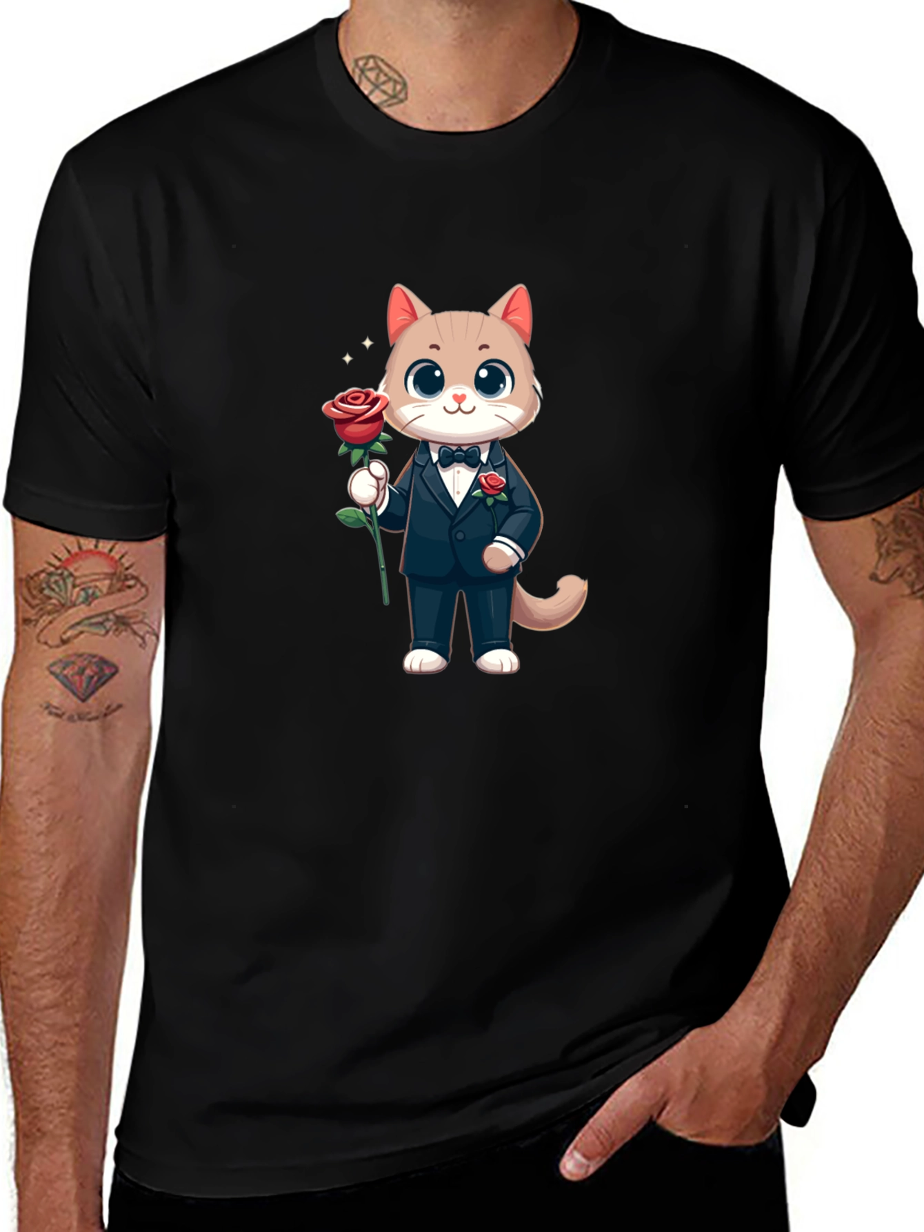 Cat Gentleman Graphic Black T-Shirt