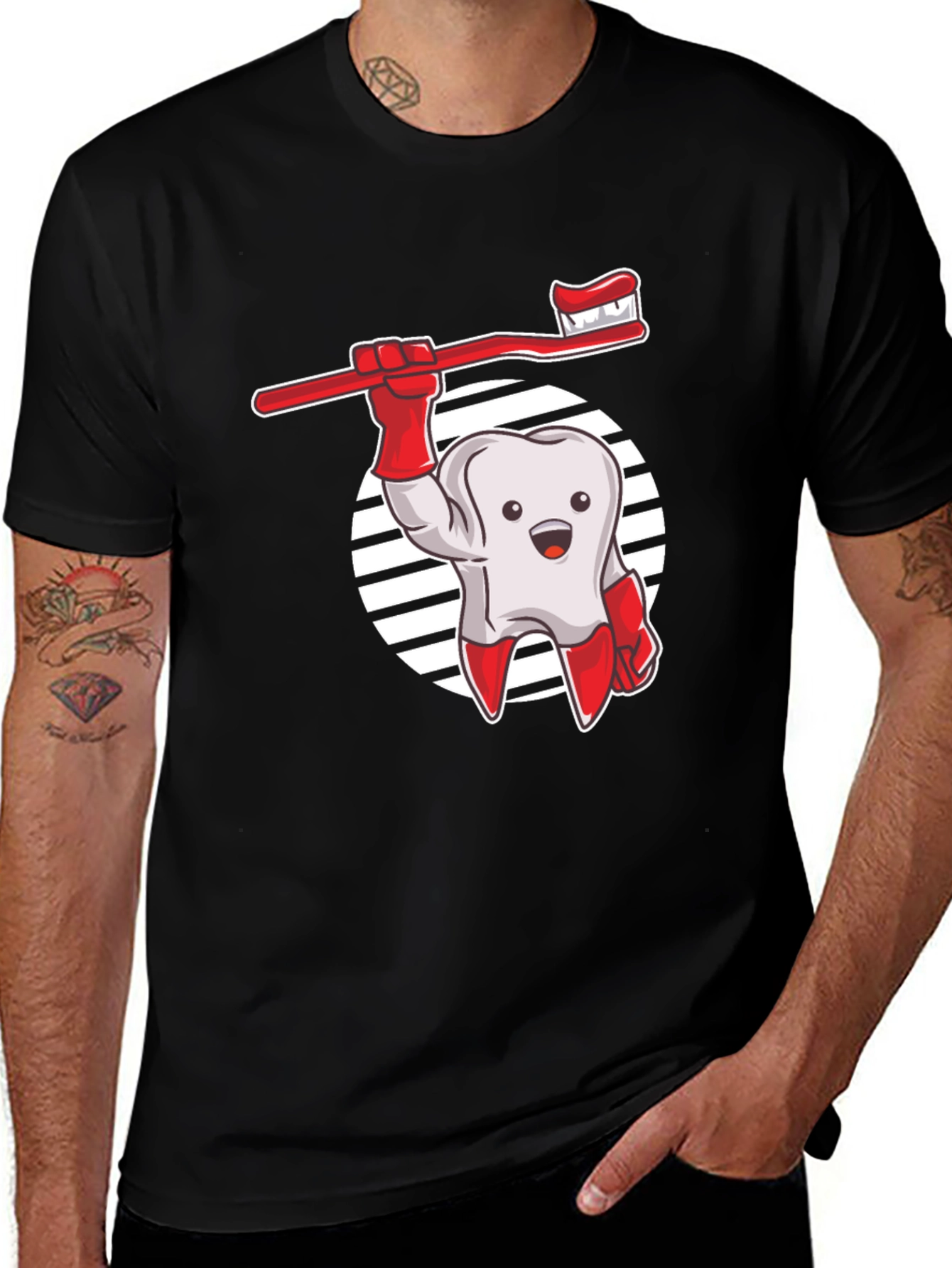 Cartoon Tooth & Toothbrush Graphic T-Shirt