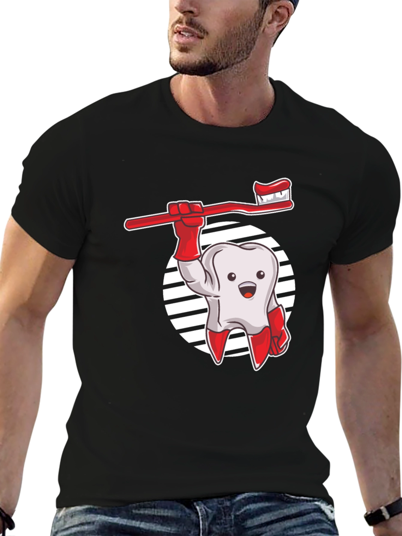 Cartoon Tooth & Toothbrush Graphic T-Shirt