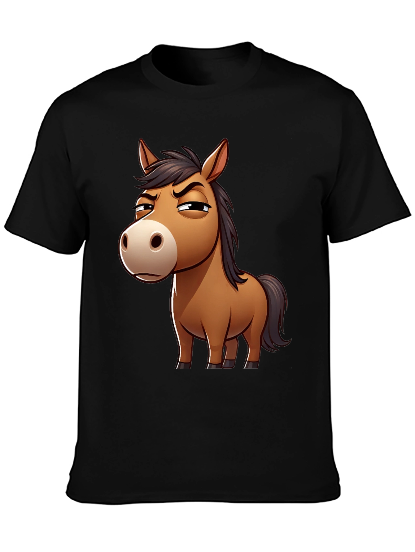 Funny Grumpy Horse Cartoon Black T-Shirt